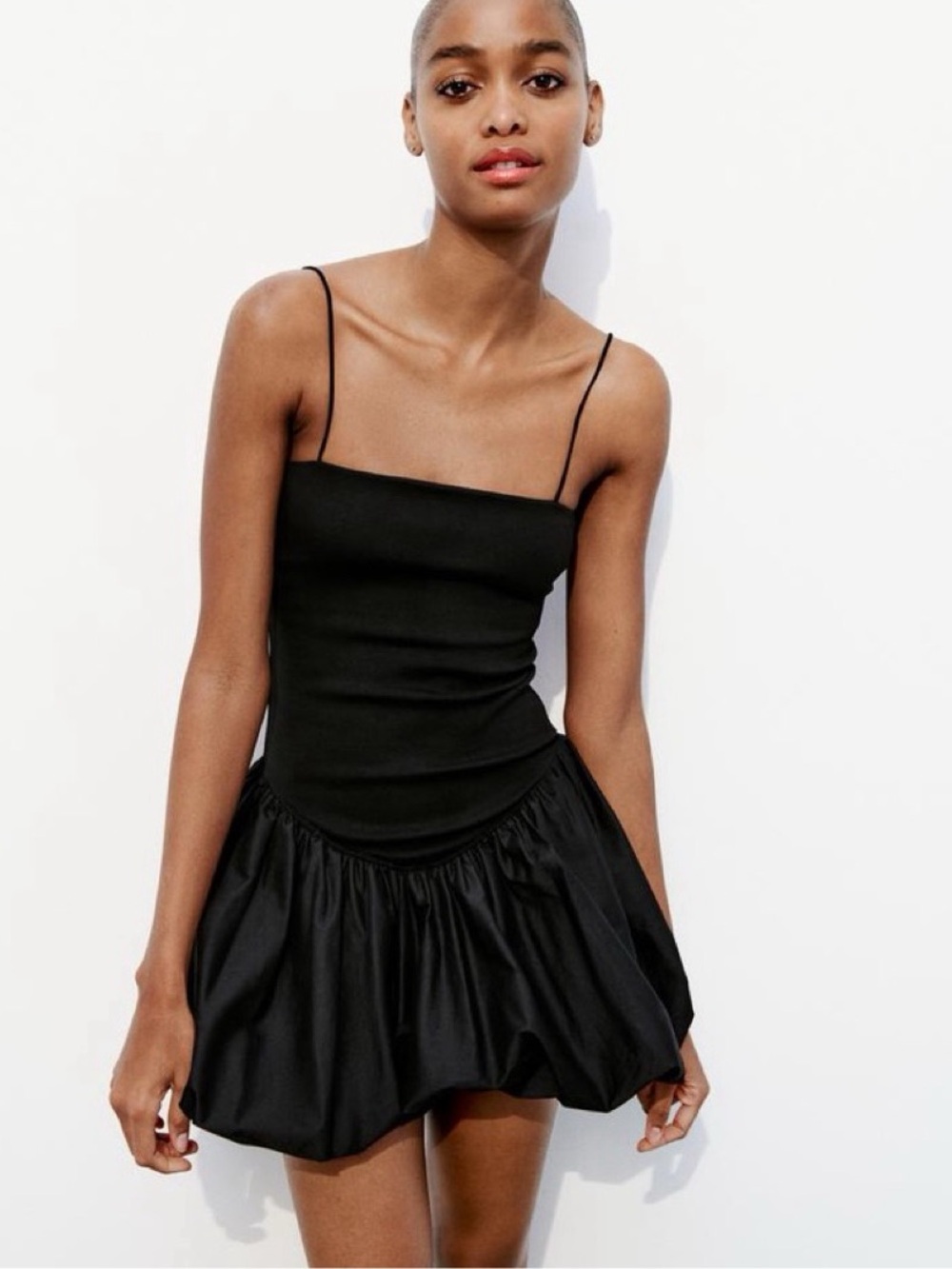 Zara Black Rib Poplin Balloon Mini Dress size small